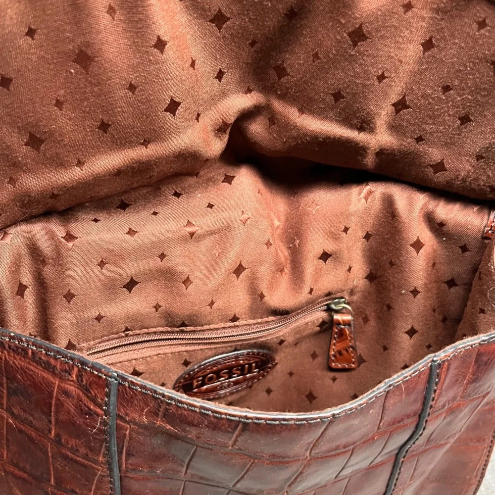 Fossil Crossbody Bag Croc Embossed Leather Brown Women Small ZB5438 - Picture 6 of 9